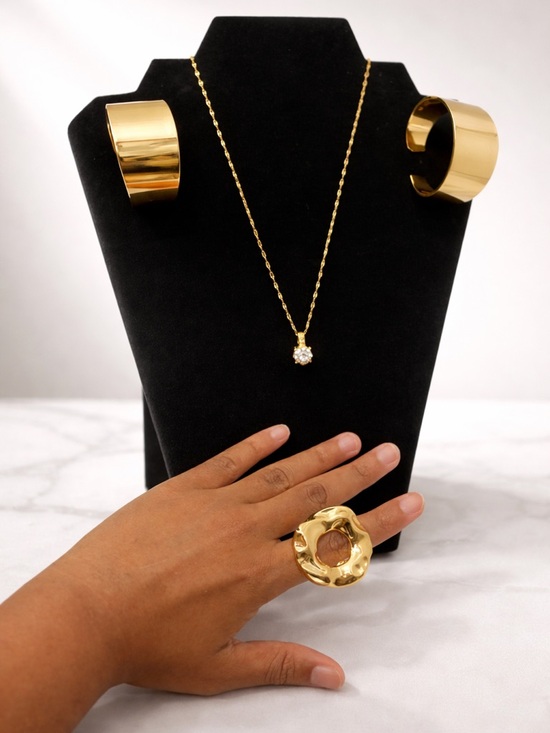 Source Unknown Jewelry - Gold Tone Necklace, earrings & Statement Ring Set - Women Jewelry